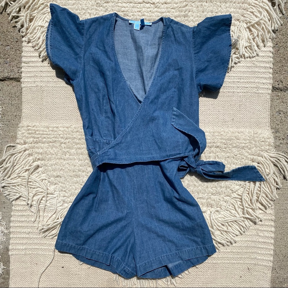 Draper James Blue Chambray Flutter Wrap Romper - image 4